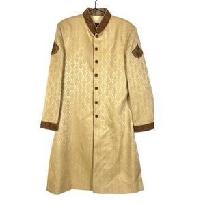 Asian Groom Sherwani Men's Small Gold Brocade Indian Wedding Party Jacket Tunic